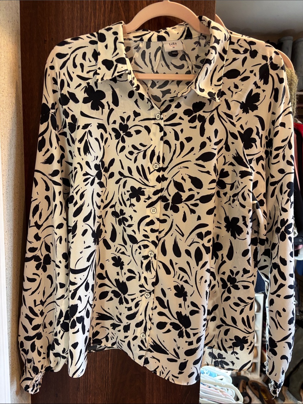 CAbi Black Floral Button-Down on Cream